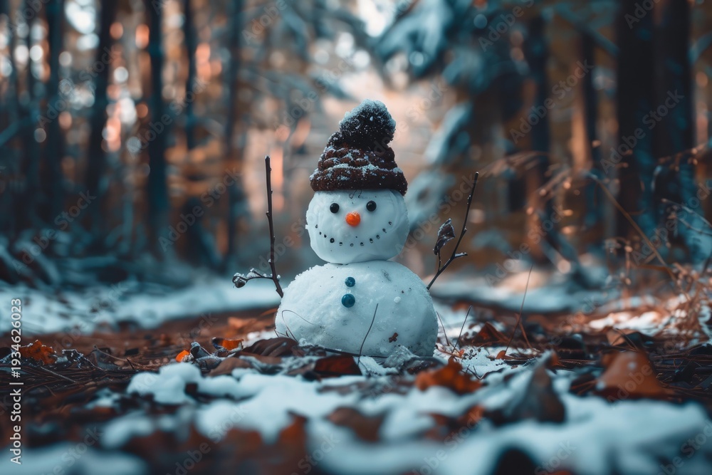 Naklejka premium Small snowman wearing a knitted brown hat standing in a snowy forest during winter