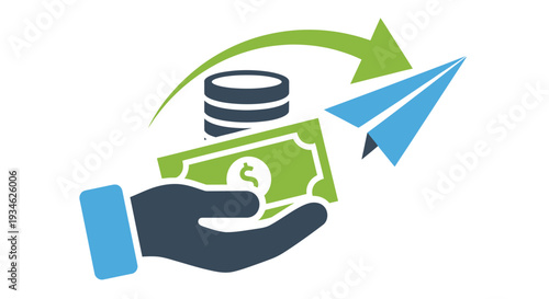 Financial transfer concept with a hand money and paper airplane icon