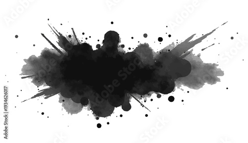 Artistic black ink splat background with grunge watercolor splashes and vector paint splatter texture on paper for an abstract design element
