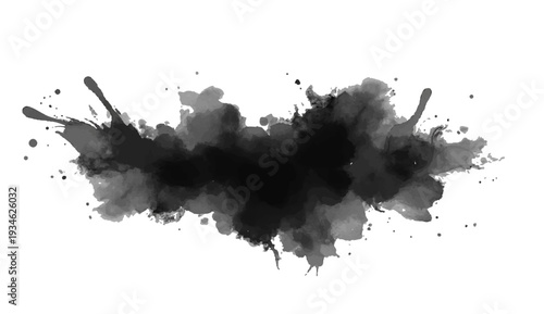 Artistic black ink splat background with grunge watercolor splashes and vector paint splatter texture on paper for an abstract design element
