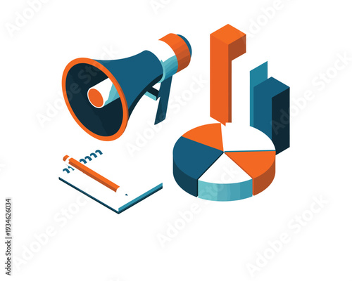 Isometric marketing tools show a megaphone, notebook, pencil, and three dimensional bar.