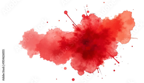 Red paint and ink splashes create a grunge watercolor splatter design with liquid red drops and artistic blood texture stains on a vector illustration