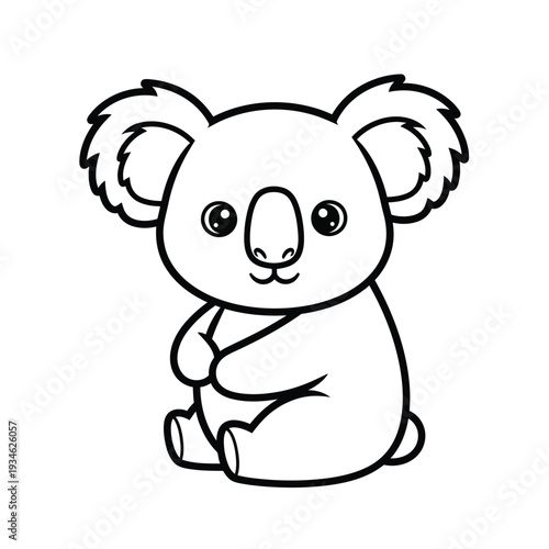 Charming and adorable black and white cartoon line art of a cute koala bear sitting contently, perfect for children's books and educational content, presented in a simple and stylized manner