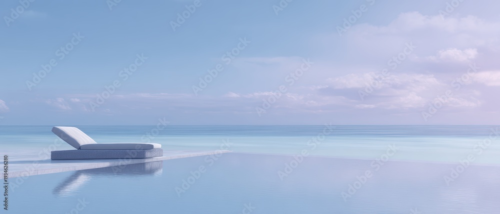 Naklejka premium Realistic photography of a single sun lounger by an infinity pool, ocean horizon, massive sky and water space