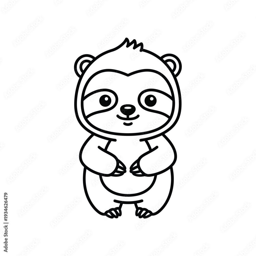 Naklejka premium Adorable cartoon baby sloth standing upright with a friendly smile, rendered in a simple, clean outline drawing style, perfect for children's books and animal themes.