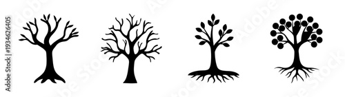 Four trees showing business resilience vector illustration, growth stages flat design
