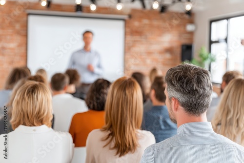 Wallpaper Mural Confident male business speaker presenting to engaged audience in modern conference room with brick wall and projector screen in background Torontodigital.ca