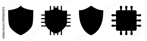 Cybersecurity shield and microchip vector illustration, flat design symbols