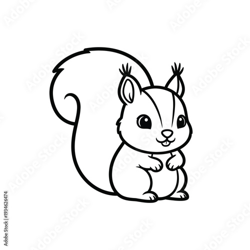 Adorable cartoon black and white line art drawing of a cute, smiling squirrel with a bushy tail, sitting playfully on a white background, perfect for children's books or educational material