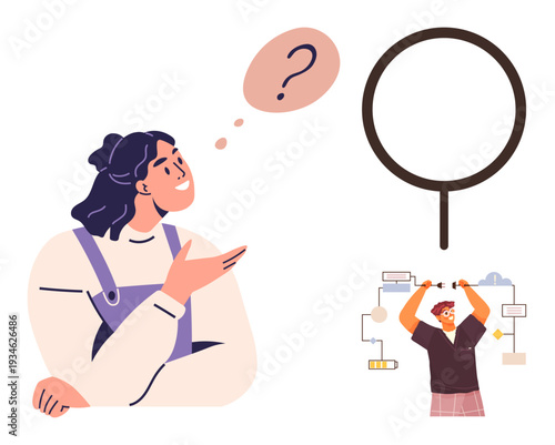 Problem-solving, brainstorming, decision-making, analysis, workflow, critical thinking. A curious woman with a thought bubble and a person managing a flowchart. Problem-solving and brainstorming