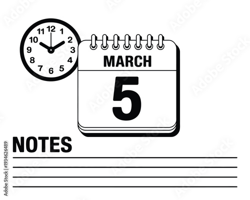 Black and white desk calendar icon displays March fifth alongside a functional analog clock.