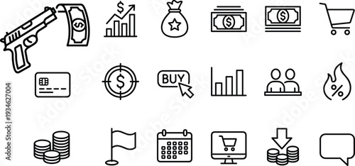Black line business and finance icon set, money, shopping cart, sales growth, discount, payment and ecommerce vector symbols