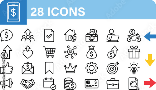 Business and finance line icon set, modern outline vector symbols for marketing, ecommerce, banking, startup and mobile app design