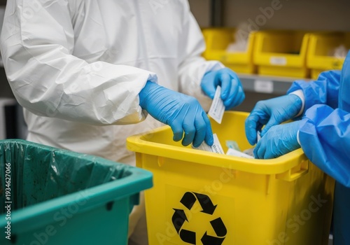 Hands in blue gloves disposing medical waste in yellow bin