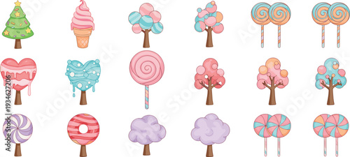 Whimsical candy-themed fantasy trees and sweet dessert icons including lollipops, donuts, cotton candy, and ice cream illustrations for children’s design, playful backgrounds, and creative projects