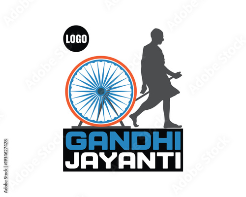 Gandhi's silhouette walks with the Indian flag wheel for Gandhi Jayanti.