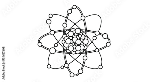 Abstract black and white illustration of an atomic structure with orbiting particles