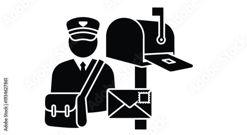Black and white icon depicting a postman with a mailbox and mail
