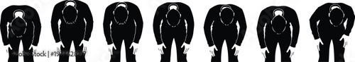 Top view silhouettes of men in various bending forward poses, illustrating different stages of a stretch or bow, isolated on transparent background