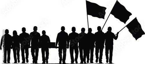Line of people silhouettes marching with flags, conveying protest or demonstration, isolated on transparent background for various designs