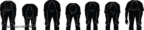 Top view silhouettes of men in various bending forward poses, illustrating different stages of a stretch or bow, isolated on transparent background