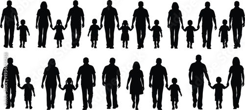 Two rows of walking family silhouettes holding hands, featuring parents and children, isolated on a transparent background for versatile use