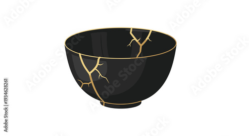 A black ceramic bowl with intricate gold kintsugi repair lines across its surface and rim is centrally positioned on a white background.