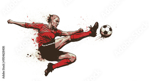Soccer player kicking ball with leg in mid air motion dynamic action scene