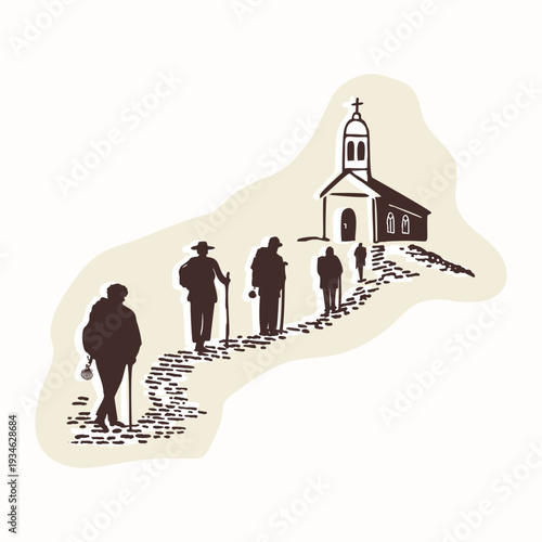 Hand drawn village church landscape scene with christian pilgrimage group. Black and white isolated vector motif for chapel, shrine Christian pilgrims way sanctuary symbol. European camino travel