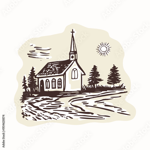 Hand drawn village church landscape scene with christian cross on bell tower. Black and white isolated vector motif for chapel, shrine Christian pilgrimage sanctuary symbol. European camino travel