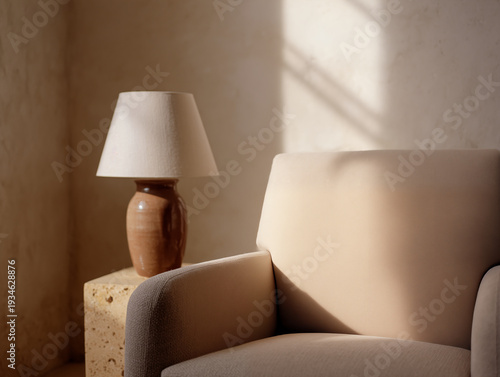 A serene beige armchair beside a table with a lamp in a softly lit room with natural light casting shadows