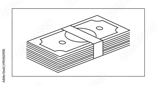 Simple line drawing of a stack of money likely us currency isolated on white
