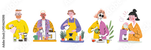 Colorful flat illustrations of people making coffee at home with different brewing methods