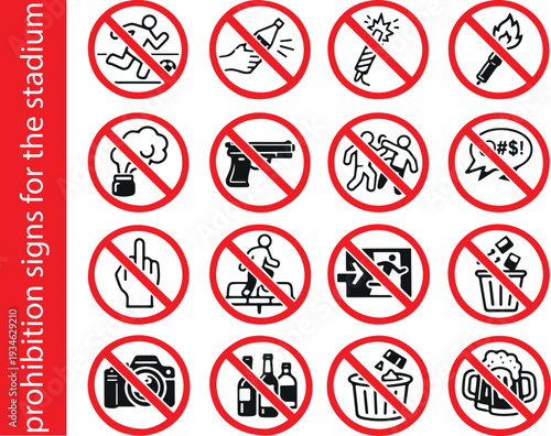 set of icons and various information signs that will indicate prohibitions when staying in the stadium, for websites, applications, digital projects or social networks