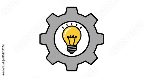 A single grey industrial gear with prominent teeth encases a glowing yellow lightbulb at its center on a stark white background.