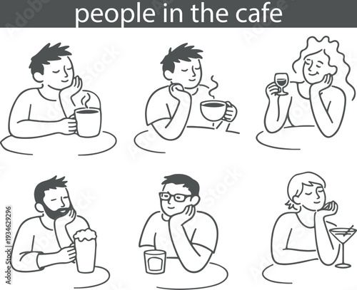 set of icons of diverse people enjoying various cocktails in a cafe, for websites, apps, digital projects or social media