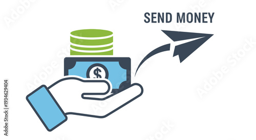 Illustration depicting money transfer with a hand paper airplane and stack of coins