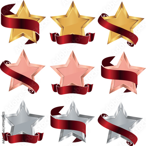 large set of decorative stars with different gradients with red ribbons for signatures of various shapes, for holiday graphics, achievement icons and award certificates