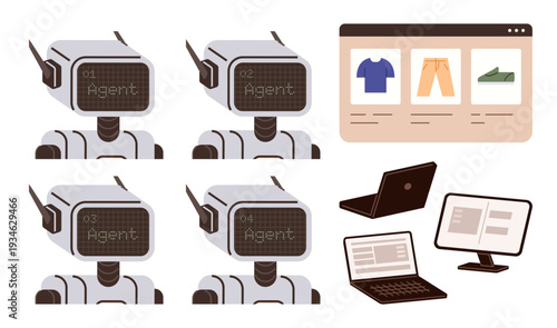 E-commerce, automation, AI technology, digital platforms, online shopping, robotics. Scene shows robots and a digital store platform. E-commerce and automation concept