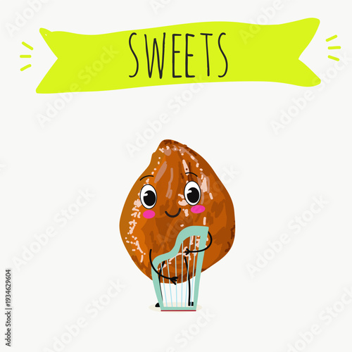 Funny Characters Ma'amoul dessert, Turkish candied chestnut (Kestane Sekeri) , hand drawn vector illustration.