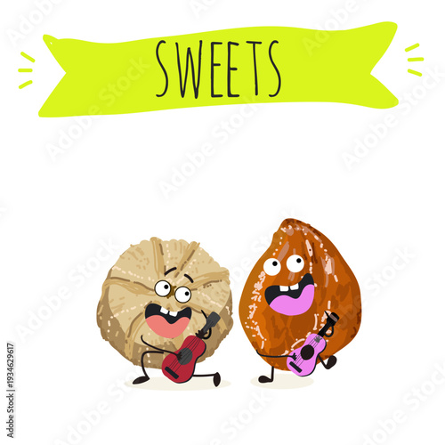 Funny Characters Ma'amoul dessert, Turkish candied chestnut (Kestane Sekeri) , hand drawn vector illustration.