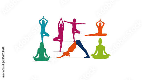 Colorful Yoga Poses Silhouettes Set Meditation Stretching Balance Wellness Vector Collection