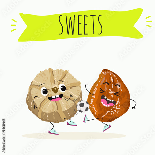 Funny Characters Ma'amoul dessert, Turkish candied chestnut (Kestane Sekeri) , hand drawn vector illustration.