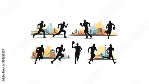 Athlete Sports Silhouettes Football Basketball Running Jumping Outdoor Playground Dynamic Vector Set