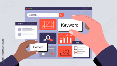 Hands interacting with digital SEO dashboard placing keyword and content blocks on search interface, Concept of search engine optimization, analytics, and online marketing strategy