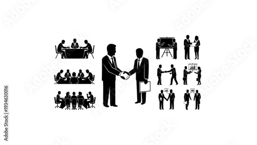 Business People Silhouettes Teamwork Meeting Handshake Professional Black Vector Set