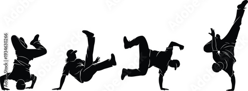 Breakdance poses collection, hip hop dancer performing various moves, male bboy silhouettes set vector illustration