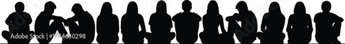 People sitting on floor in a line, diverse group of men and women, students or audience, silhouette collection vector