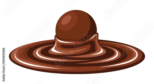 A single brown chocolate sphere is partially submerged in a pool of melted chocolate, creating distinct concentric ripples on a white background.