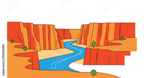 A vibrant, colorful canyon with orange and red rock formations features a winding blue river flowing through its expansive landscape.